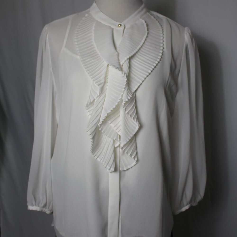 White House Black Market White Ruffled Chiffon Blouse Women's L
